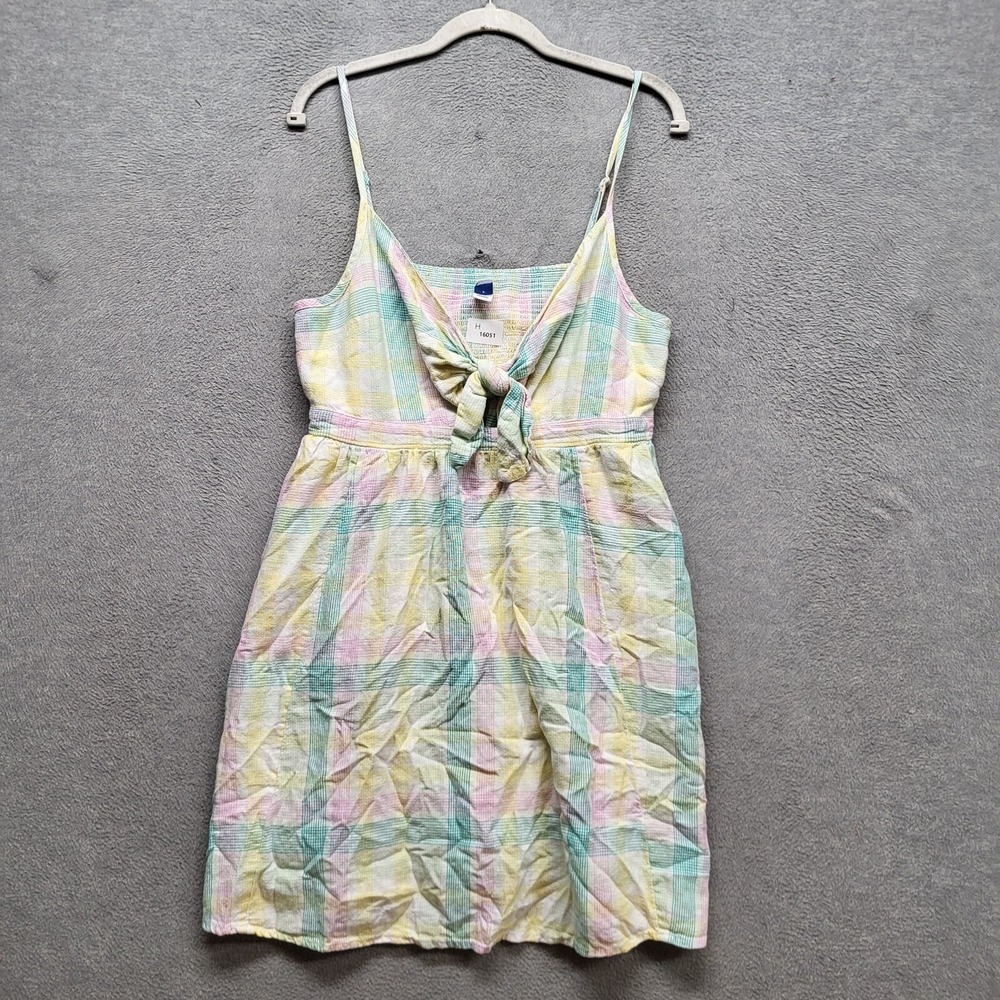 Old Navy Women Dress Large Yellow Plaid Fit & Flare Tie Front Smocked Mini Linen